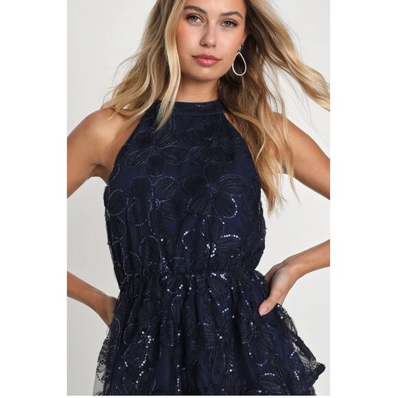 Lulus Navy Blue Sequins Floral Tiered Halter Midi Dress Size M - Picture 8 of 11